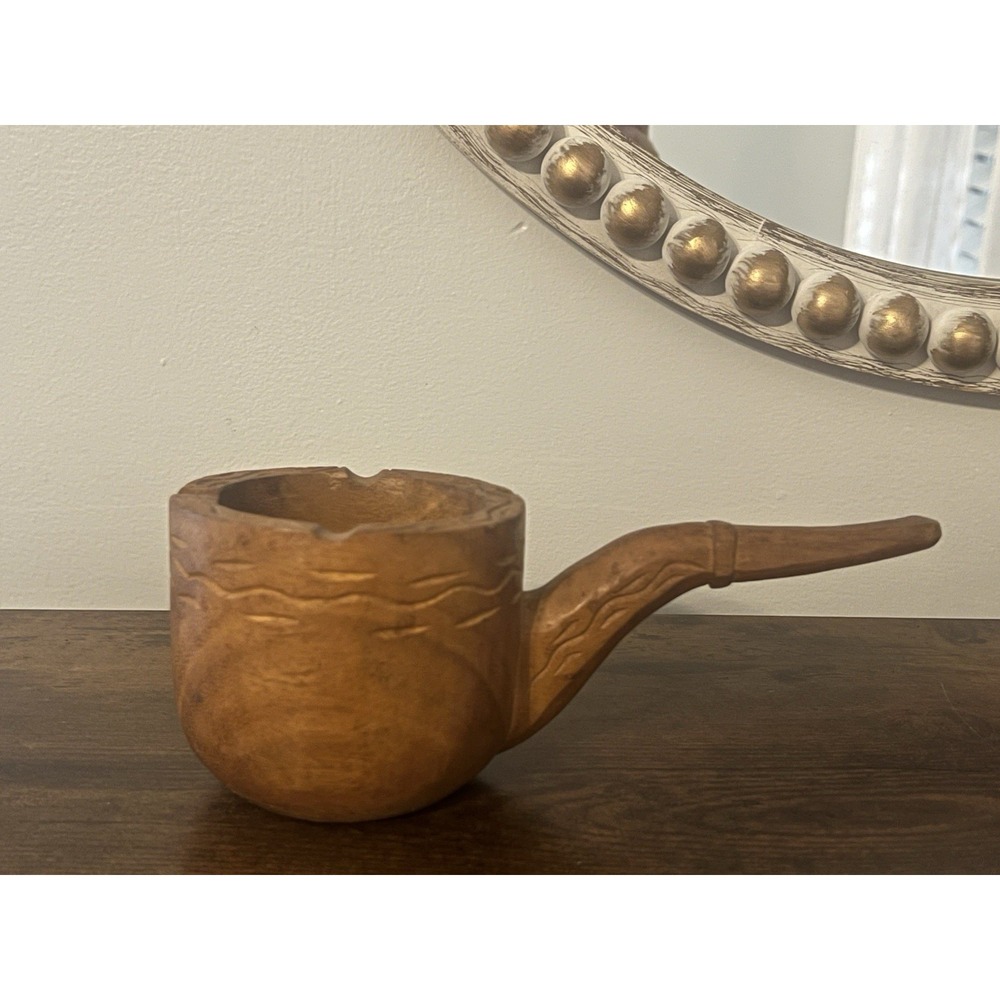 Vintage Pipe Shaped Wooden Ashtray Philippines Folk Art Rustic Decor